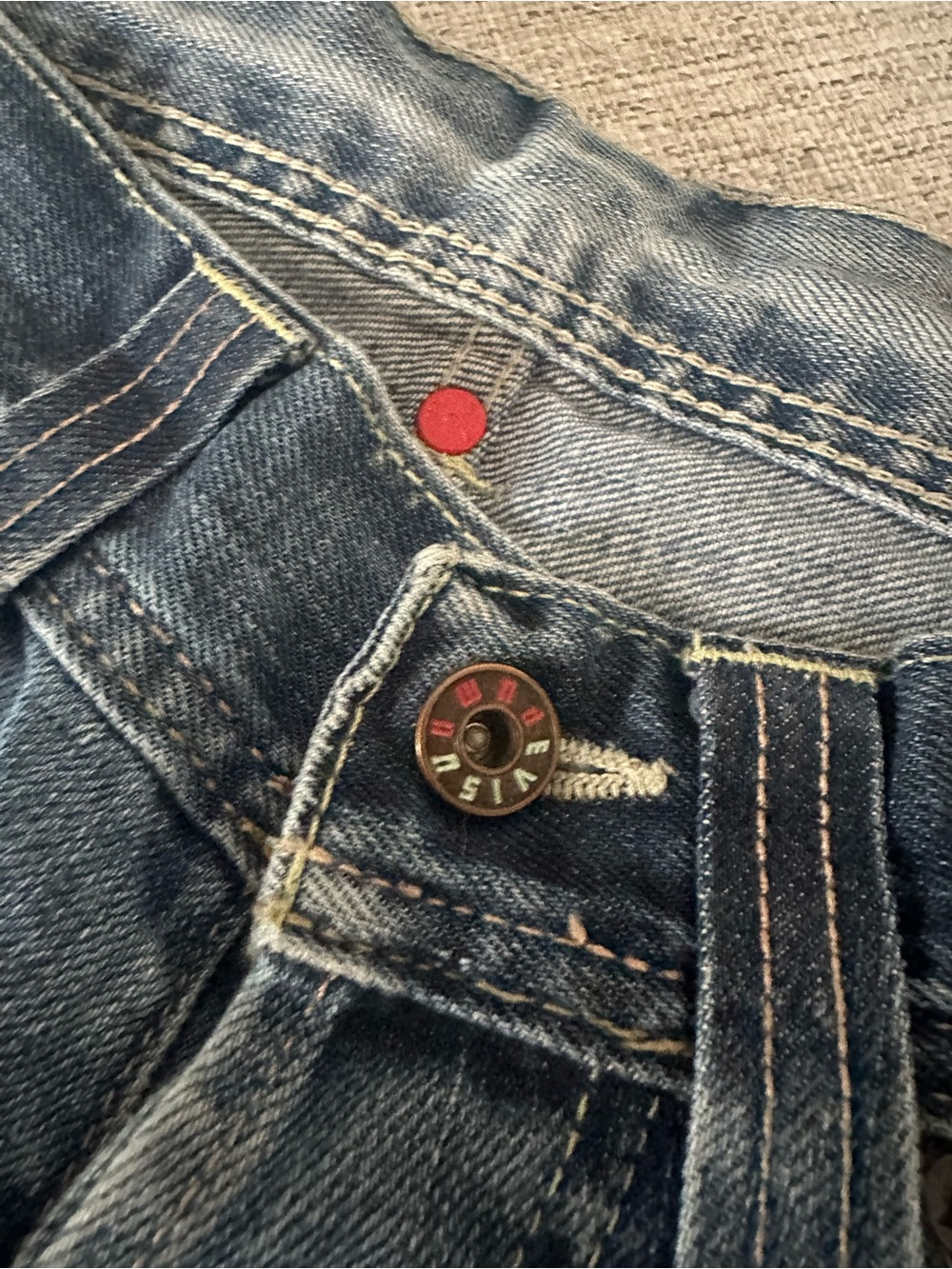 Evisu Men's Straight Jeans in Faded Blue with Green Back Pocket Detail - Picture 4 of 6
